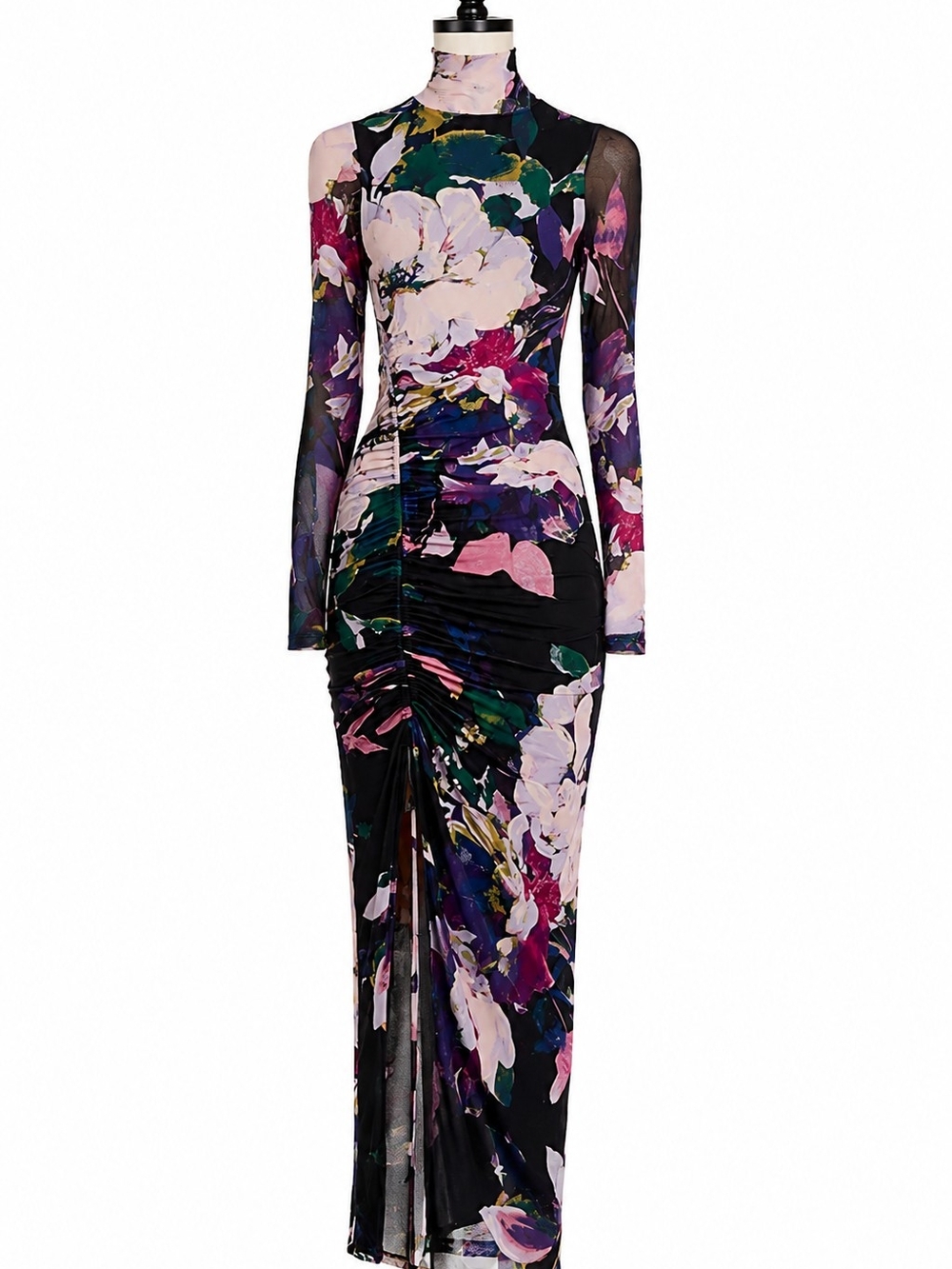 Aqua Black Floral Ruched High-Neck Long Sleeve Maxi Dress